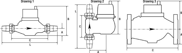 Water Meter Model 1800 Series Multi-Jet Dimensional Drawings